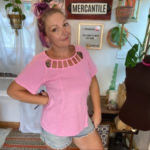 Vintage Dunes Pink 100% Cotton Short Sleeve Cutout Top OverSize XSmall